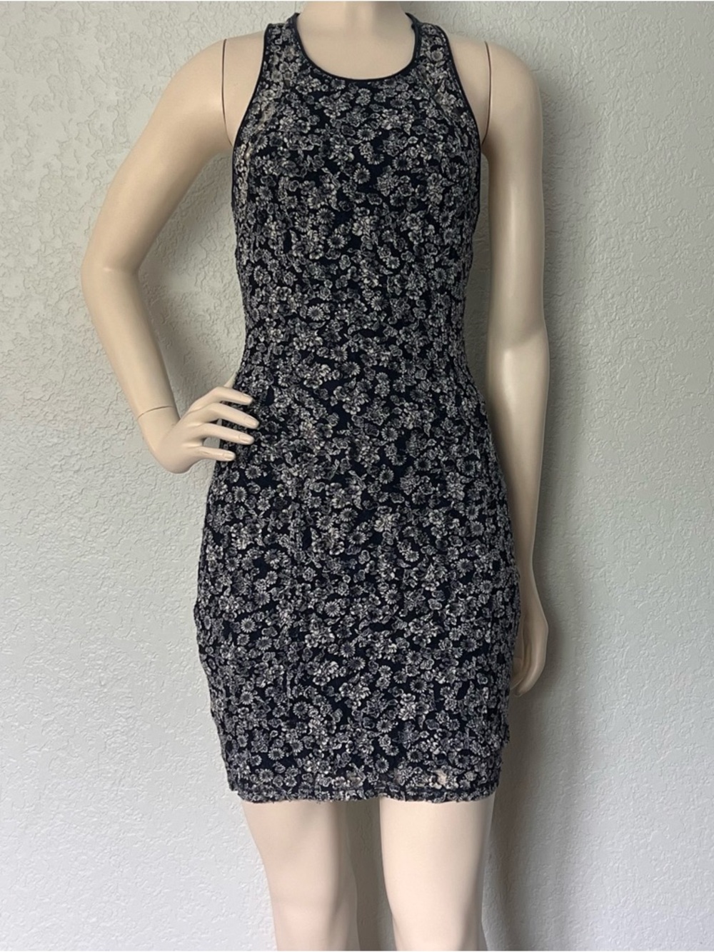 Abercrombie Fitch Lace Mini Dress Blue White Floral Bodycon Racerback Sz Small